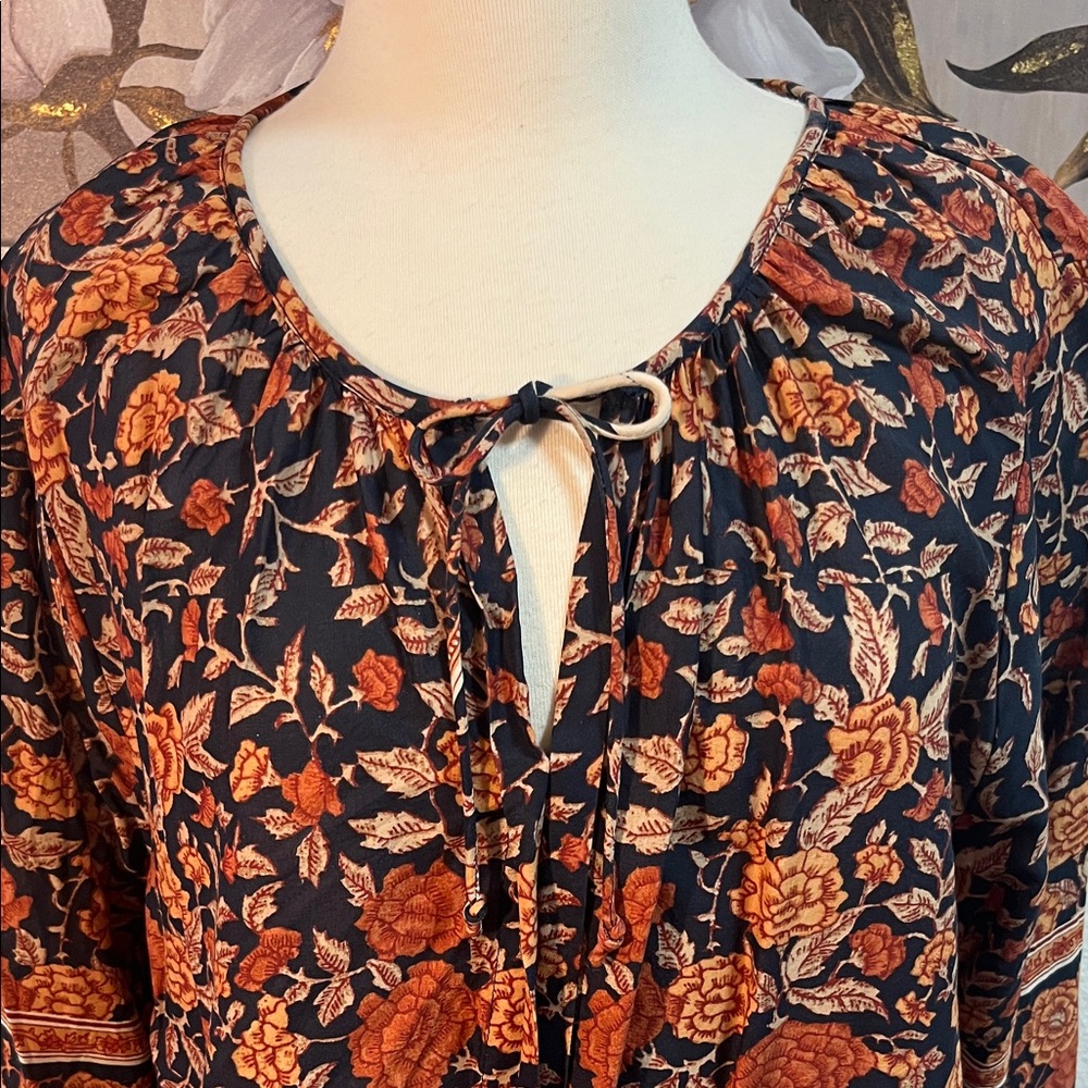 NWOT Lucky Brand Boho Floral Tie-Neck Peasant Top - Black & Rust - Picture 3 of 8